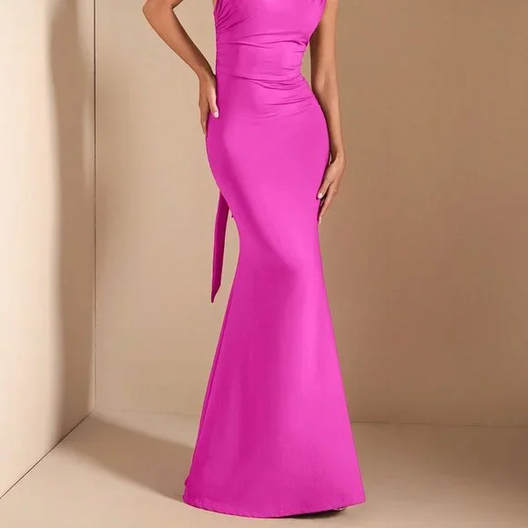 Hot Pink Elegant Women's Asymmetric Long Dress
